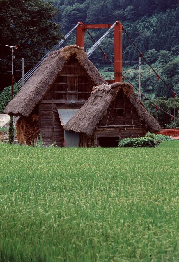 Rural Japanese village and farmland in the countryside north of Kyoto, photographed August 1985