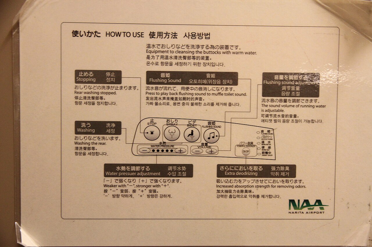 Japanese toilet signage showing bidet and wash functions