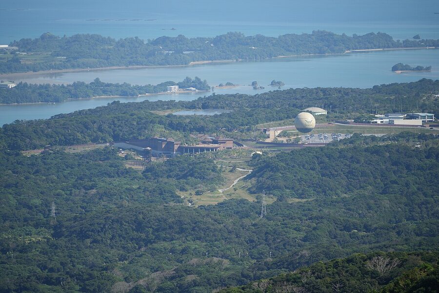Junglia Okinawa theme park seen from Mount Yae, Motobu, December 2025