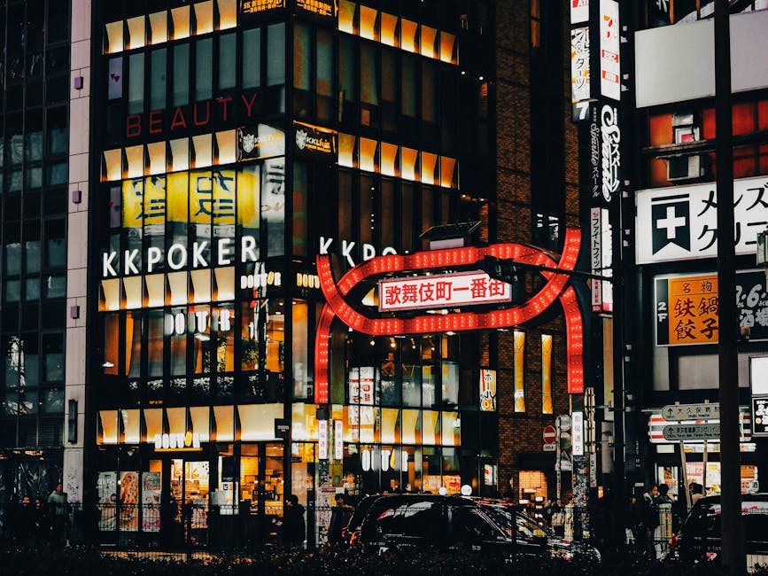 Illuminated street signs of Kabukicho at night