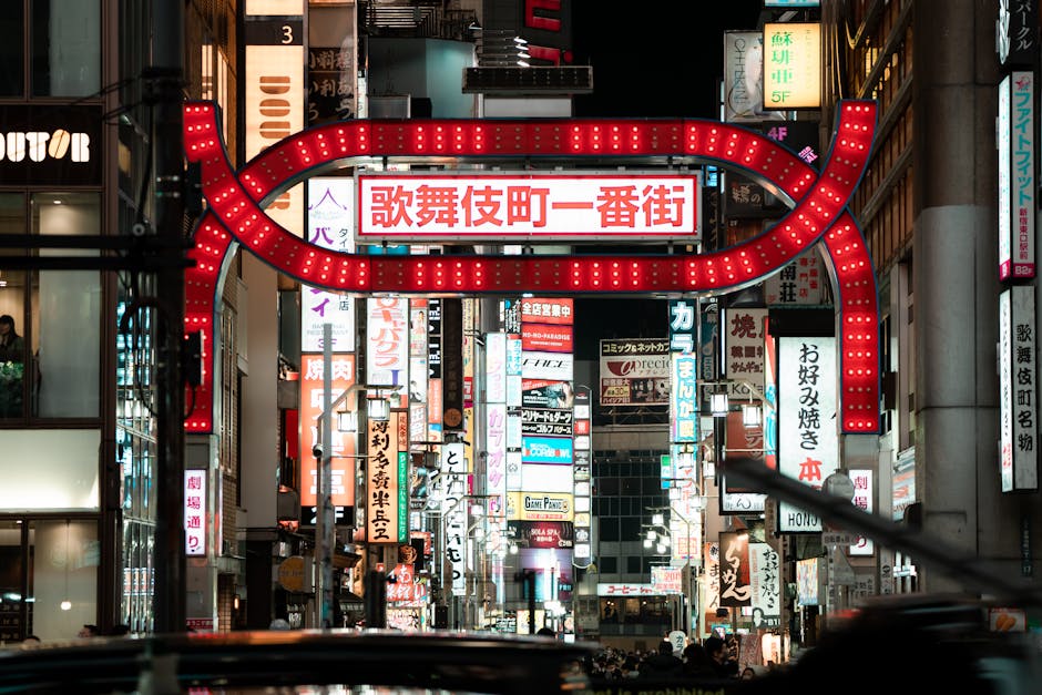 Neon-lit streets of Kabukicho in Shinjuku, Tokyo at night