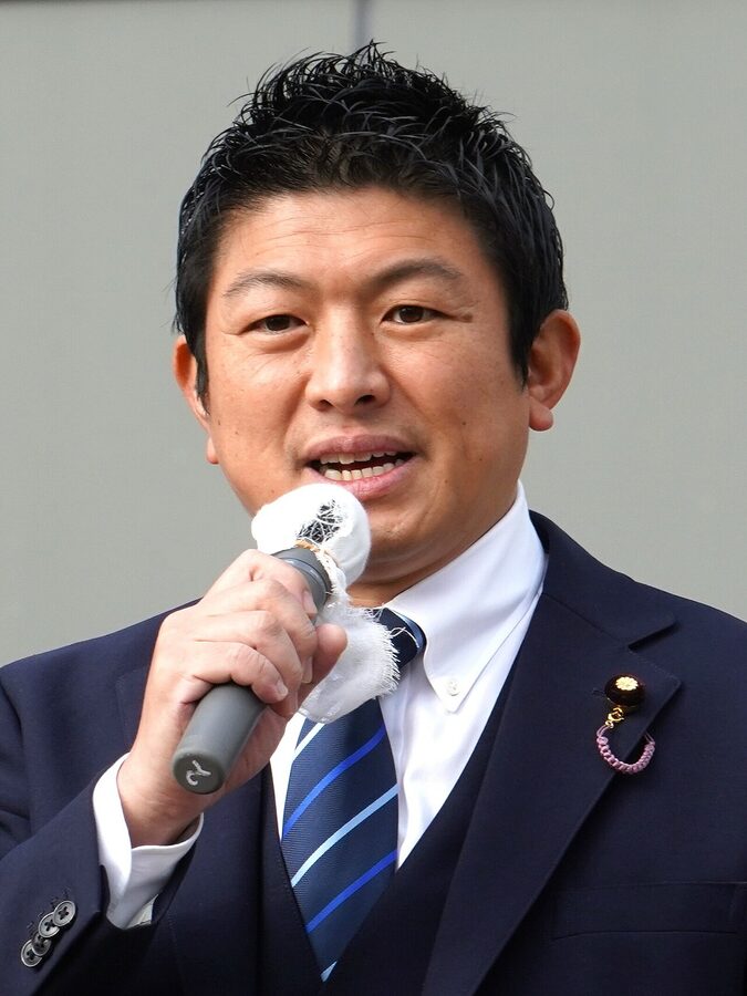 Sohei Kamiya street-speaking in front of Kumamoto Station, February 2023