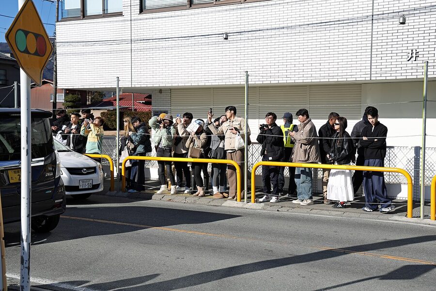 Kawaguchiko town tourist street with Mt Fuji