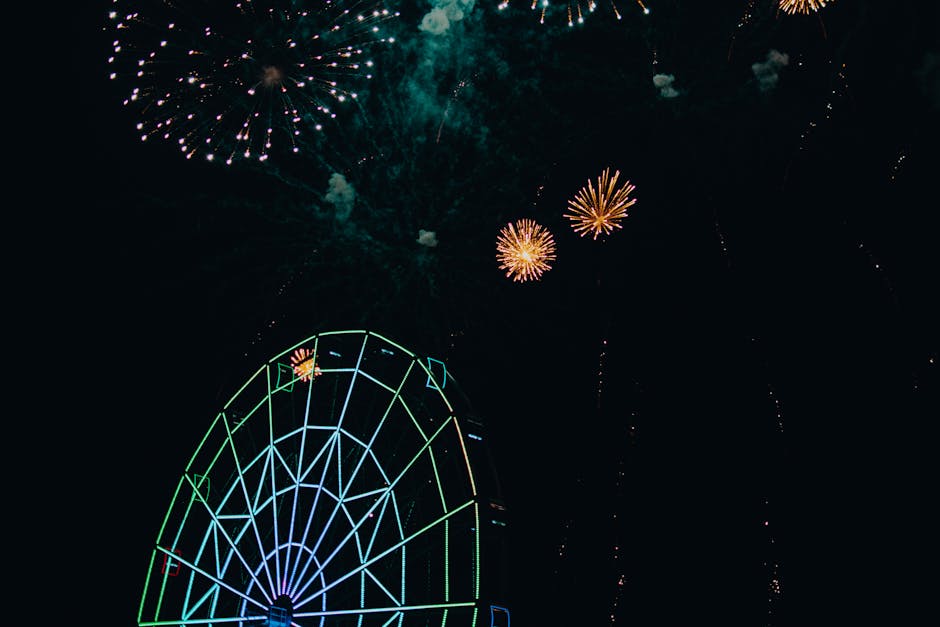 Theme park fireworks at night
