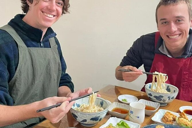 Learn to Make Home Style Tempura Udon and Gyoza - Sitting down to eat what you made