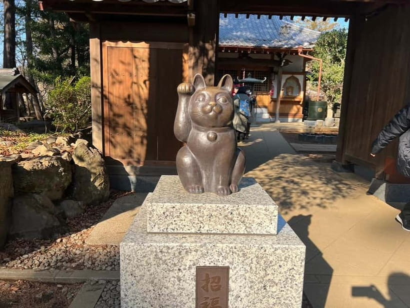 Tokyo: Gotokuji Culture Walk & Lucky Cat Temple Experience - A cat-shaped sweet for the camera